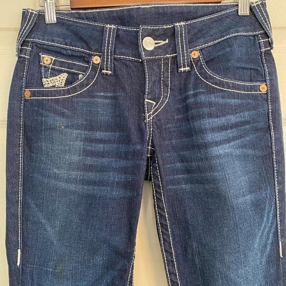 True Religion Becky Button Flap Logo Pockets Dark Whiskered Contrast Stitch Jean - Picture 5 of 9